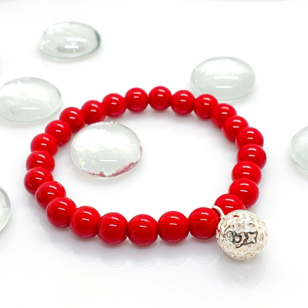 Handcrafted Red Coral Natural stone bracelet with 925 sterling silver charm